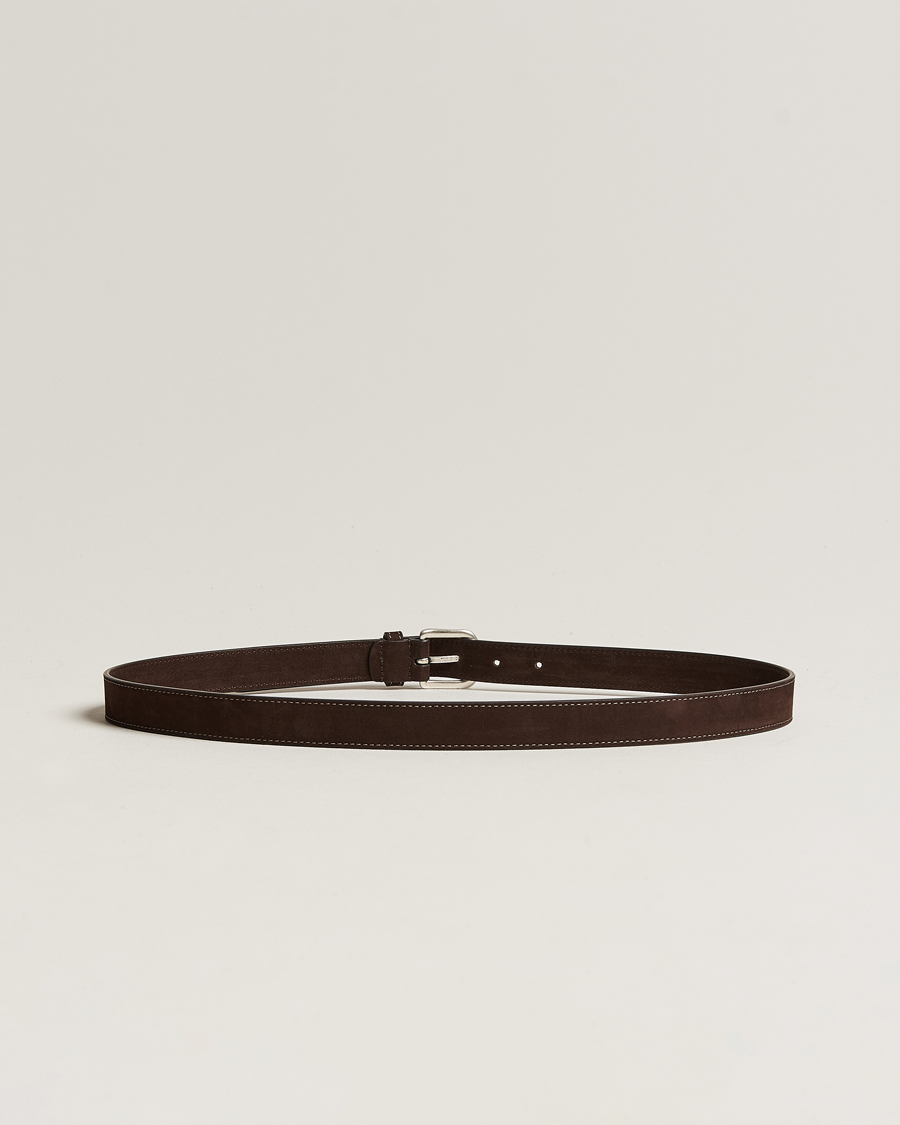 Men | Accessories | Anderson's | Slim Stitched Nubuck Leather Belt 2,5 cm Dark Brown