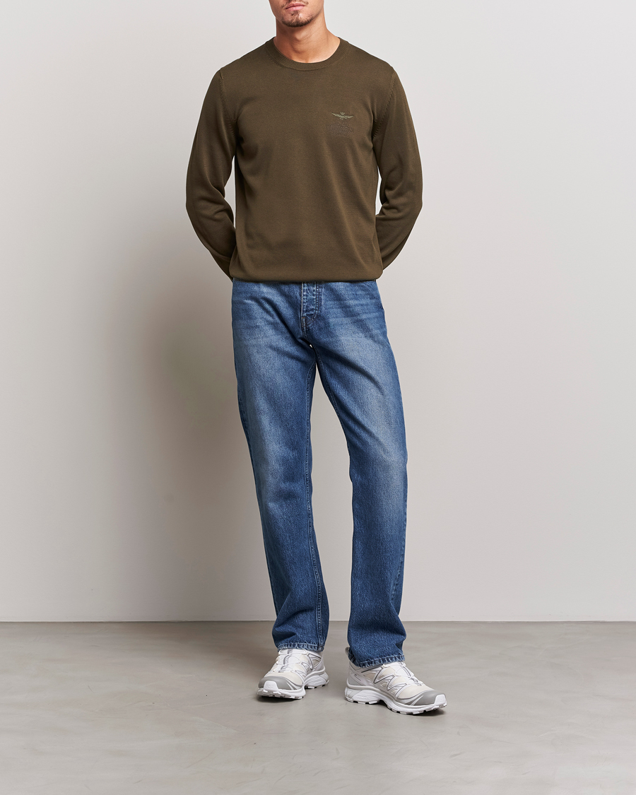 Men | Sweaters & Knitwear | Aeronautica Militare | Cotton Knitted Crew Neck Off Green