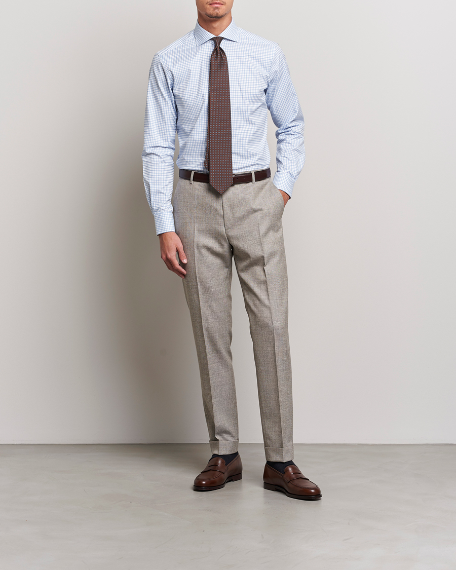 Men | Shirts | Kamakura Shirts | Slim Fit Twill Spread Shirt Sky Blue Check