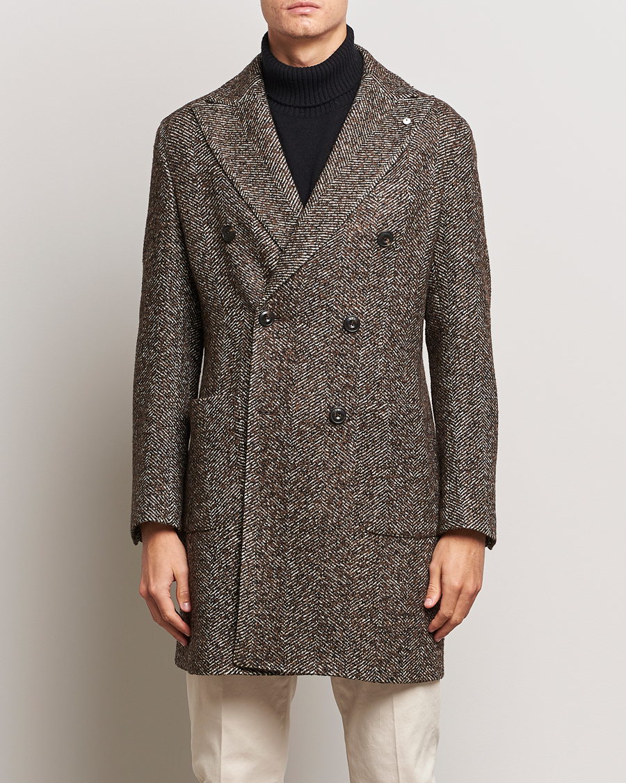 L.B.M. 1911 Double Breasted Herringbone Wool Coat Brown at