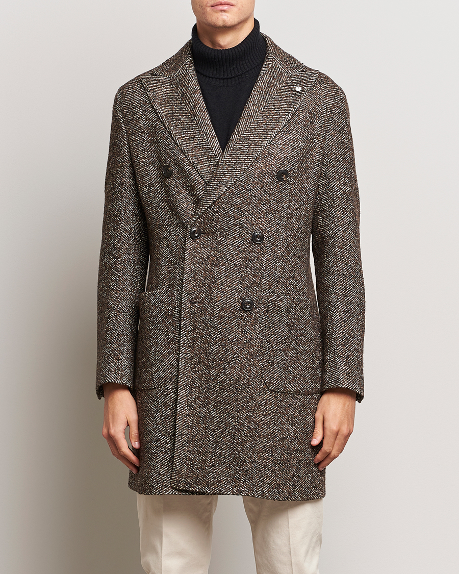 Men | Coats & Jackets | L.B.M. 1911 | Double Breasted Herringbone Wool Coat Brown
