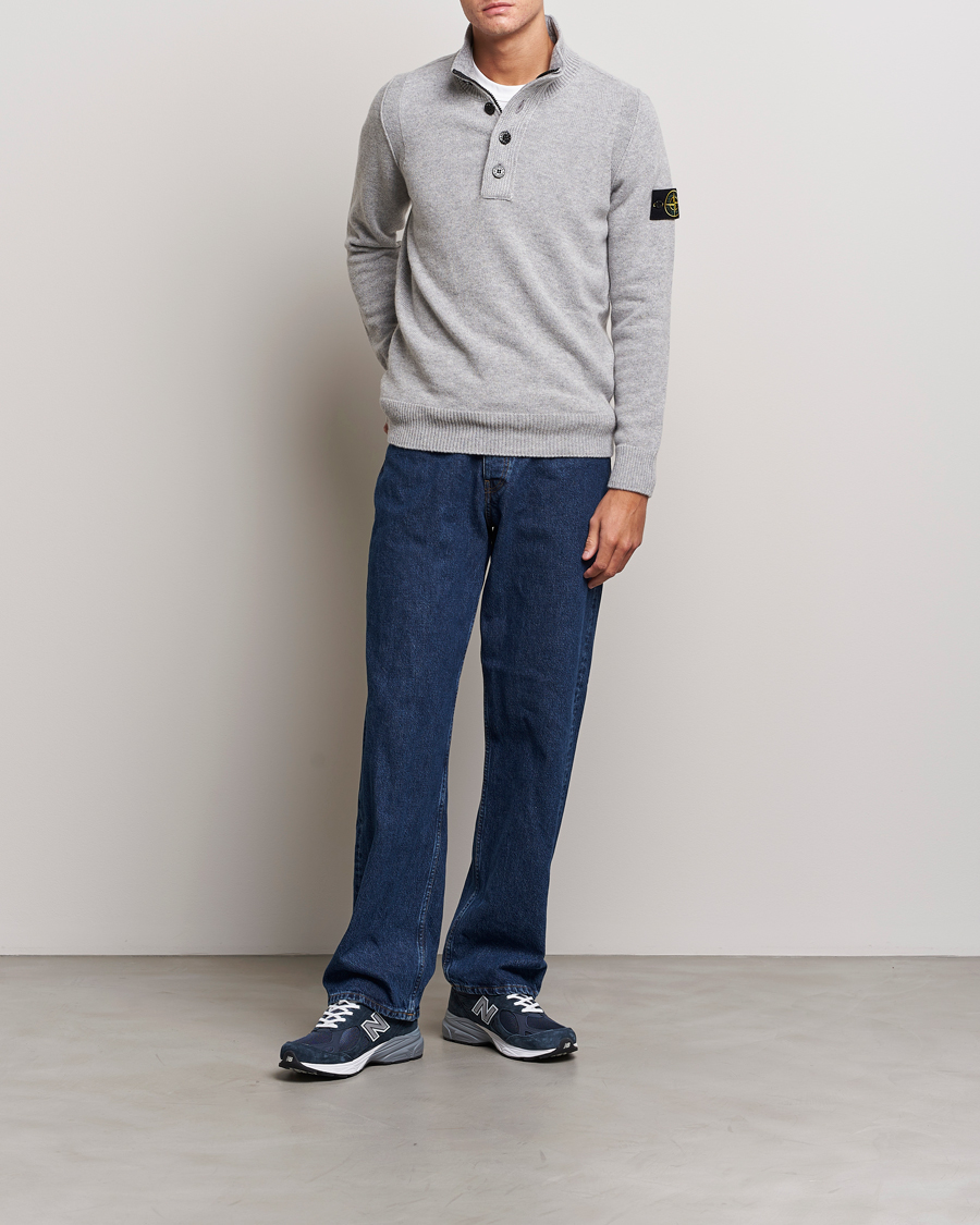 Men | Sweaters & Knitwear | Stone Island | Knitted Lambwool Half Button Zip Melange Grey