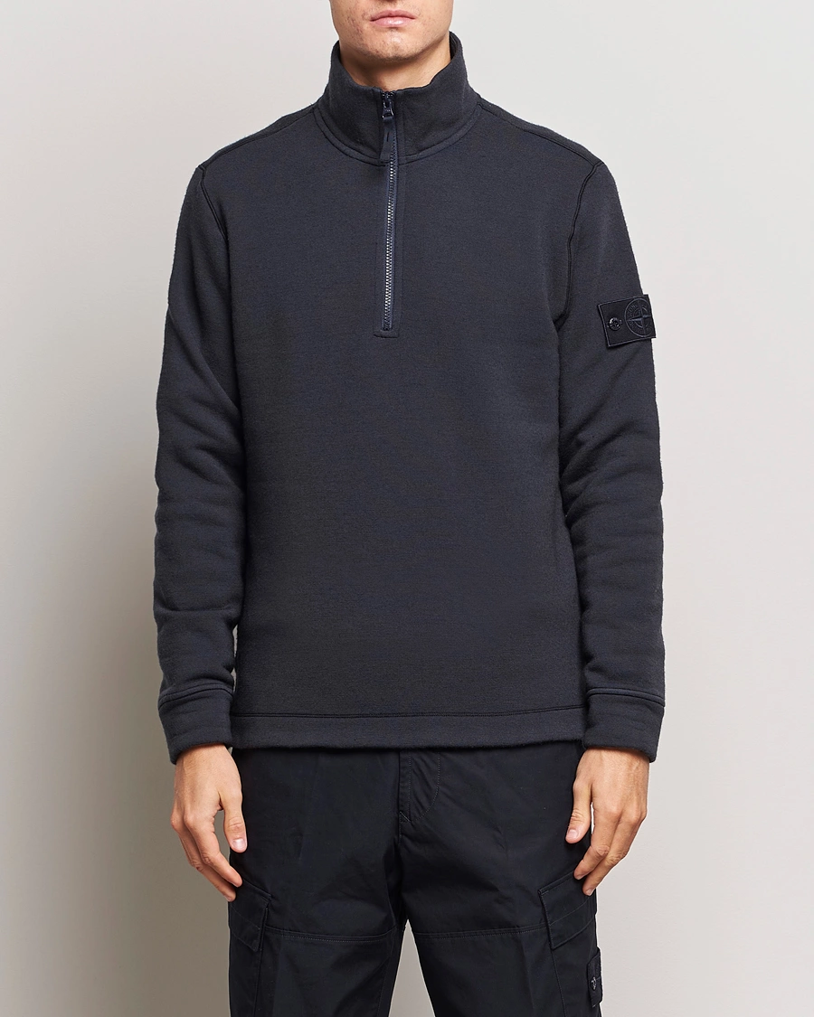 Men | Sweaters & Knitwear | Stone Island | Ghost Piece Wool Fleece Half Zip Navy Blue