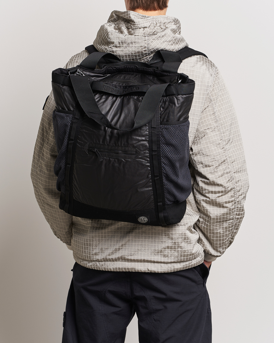 Men | Stone Island Garment Dyed Mussola Gommata Canvas Big Tote Black | Stone Island | Garment Dyed Mussola Gommata Canvas Big Tote Black