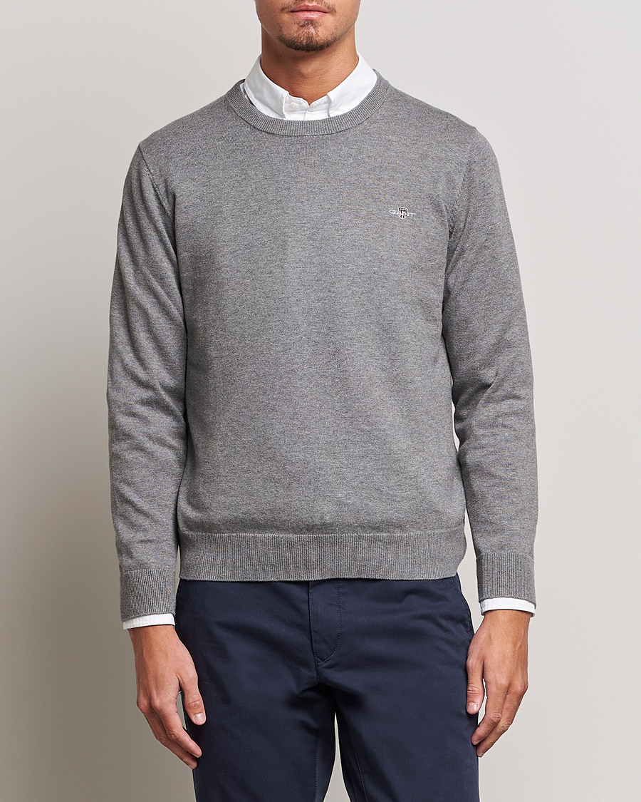 Men | Sweaters & Knitwear | Gant | Classic Cotton Crew Neck Dark Grey Melange