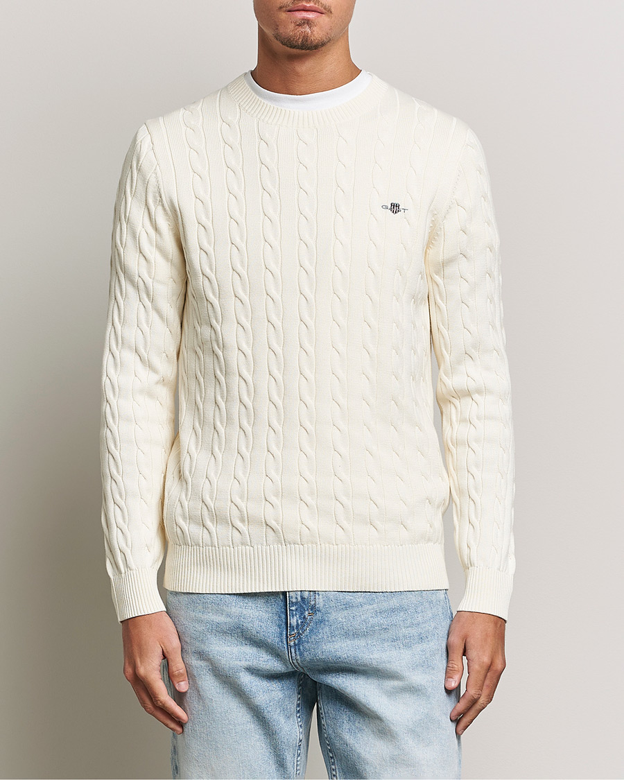 Men | Knitted Jumpers | GANT | Cotton Cable Crew Neck Pullover Cream
