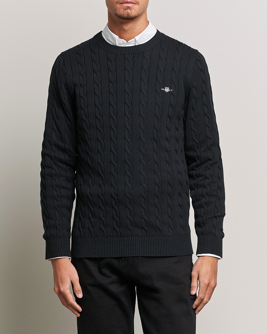 Men | Sweaters & Knitwear | GANT | Cotton Cable Crew Neck Pullover Black