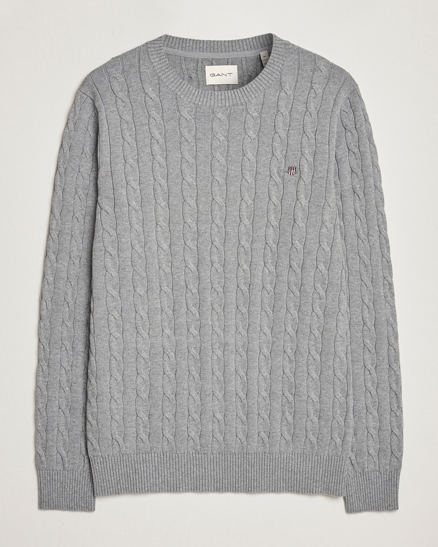 Men | Sweaters & Knitwear | Gant | Cotton Cable Crew Neck Grey Melange