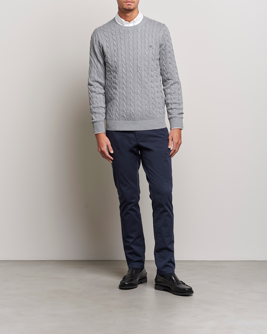 Men | Sweaters & Knitwear | Gant | Cotton Cable Crew Neck Grey Melange