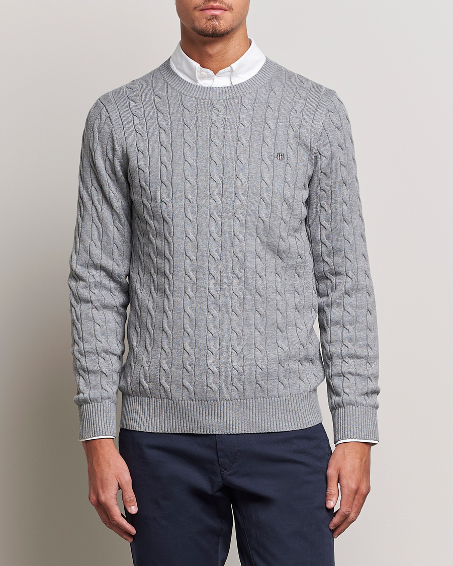 Men | Sweaters & Knitwear | Gant | Cotton Cable Crew Neck Grey Melange