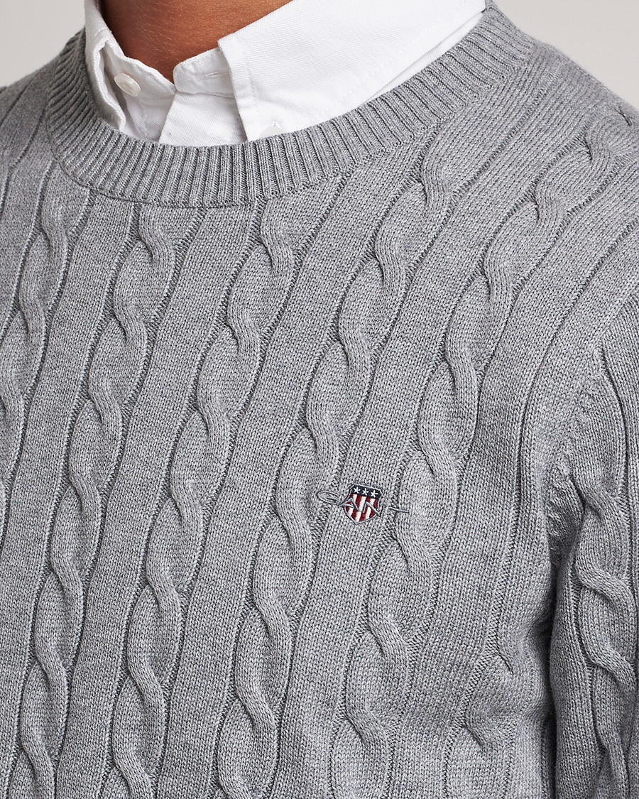 Men | Sweaters & Knitwear | Gant | Cotton Cable Crew Neck Grey Melange