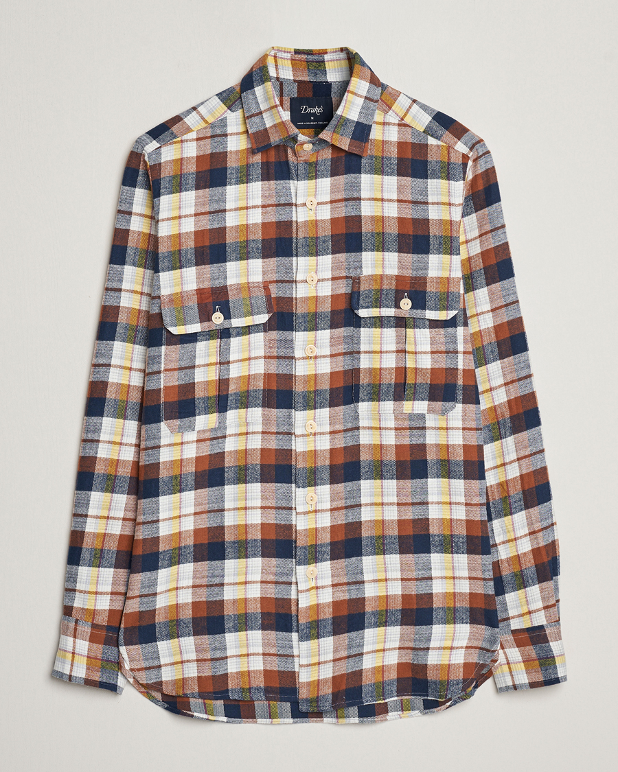 Men | Preppy Authentic | Drake's | Brushed Madras Checked Work Shirt Brown