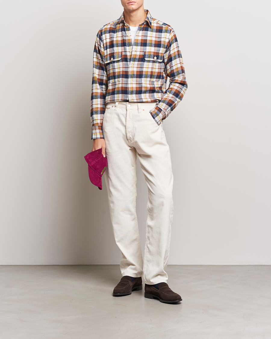 Men | Shirts | Drake's | Brushed Madras Checked Work Shirt Brown