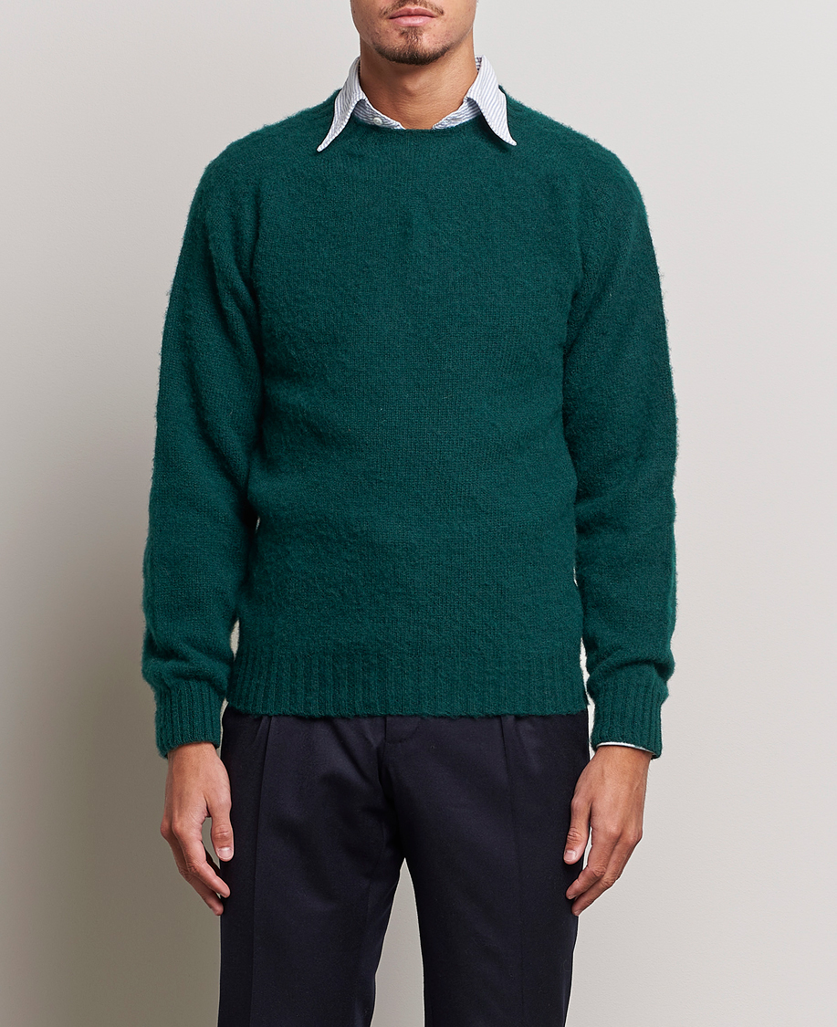 Men | Knitted Jumpers | Drake's | Brushed Shetland Crew Emerald Green