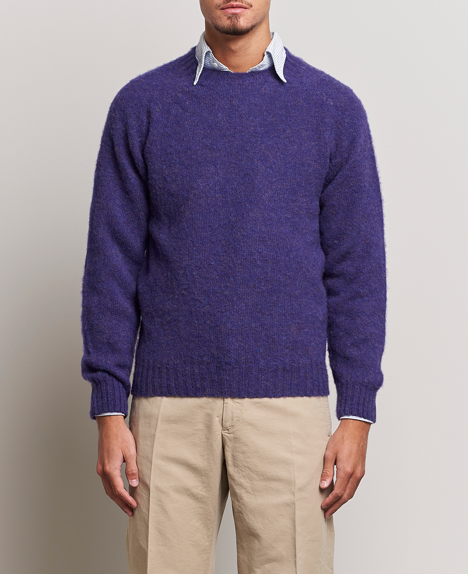 Men | Knitted Jumpers | Drake's | Brushed Shetland Crew Purple