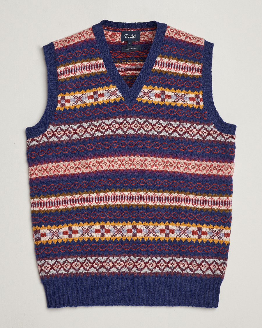 Drake's Fairisle Print Wool Vest Navy at CareOfCarl.com