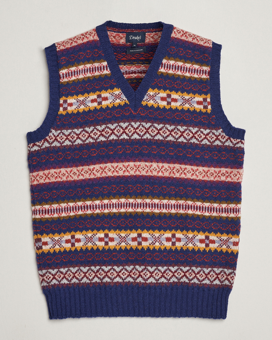 Men | Pullovers | Drake's | Fairisle Print Wool Vest Navy