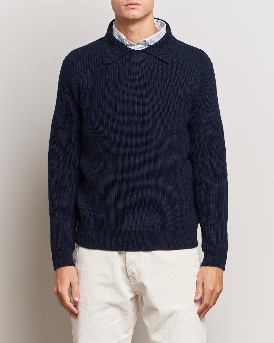 Men | Sweaters & Knitwear | Drake's | Integral Collar Ribbed Jumper Navy
