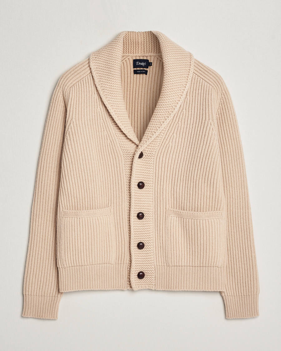 Men | Preppy Authentic | Drake's | Lambswool 6-Ply Shawl Collar Cardigan Natural