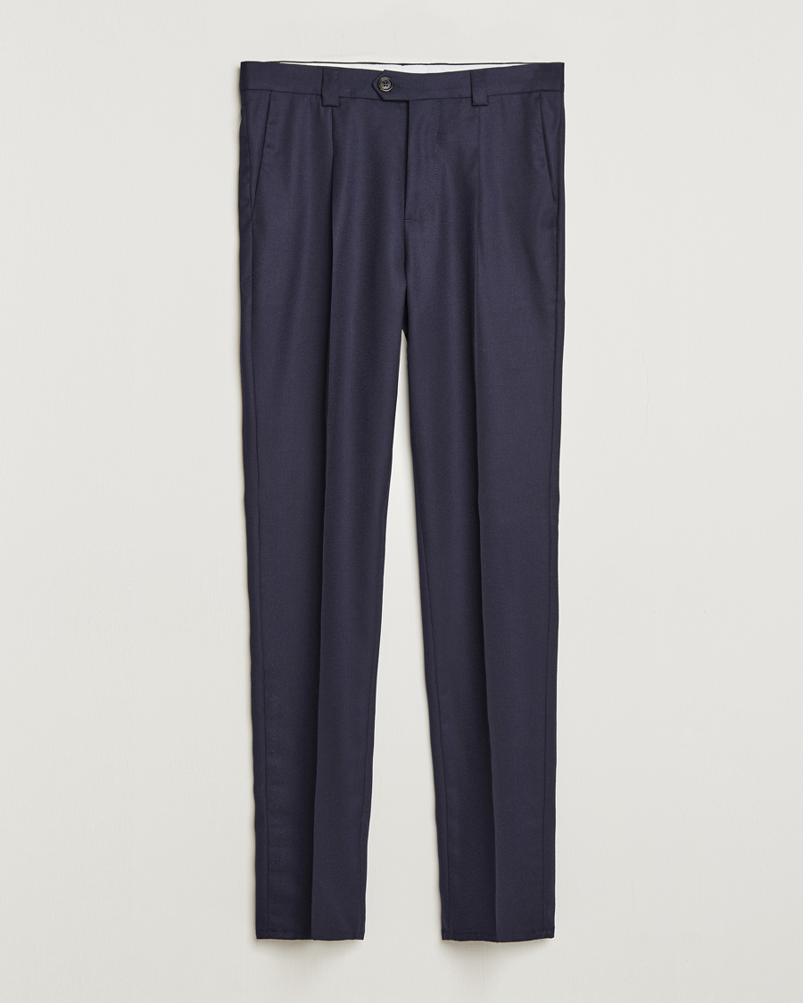 Men | Trousers | Brunello Cucinelli | Slim Fit Pleated Flannel Trousers Navy