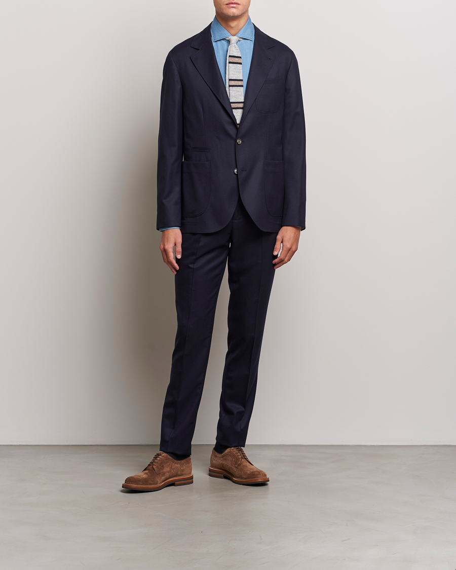 Men | Trousers | Brunello Cucinelli | Slim Fit Pleated Flannel Trousers Navy