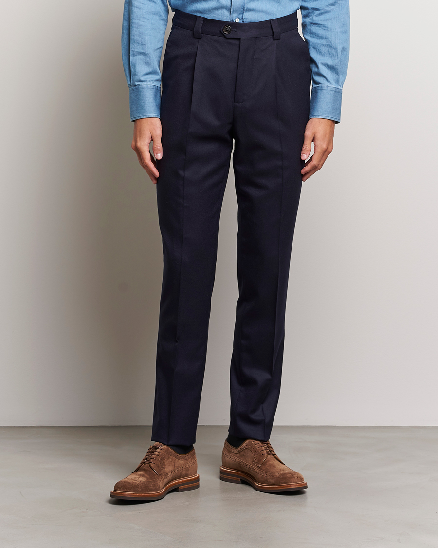 Men | Brunello Cucinelli | Brunello Cucinelli | Slim Fit Pleated Flannel Trousers Navy