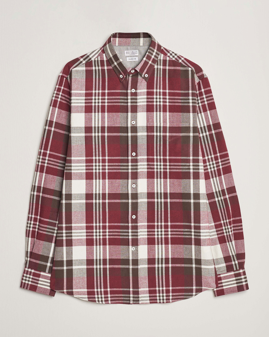 Brunello Cucinelli Slim Fit Button Down Madras Shirt Burgundy at