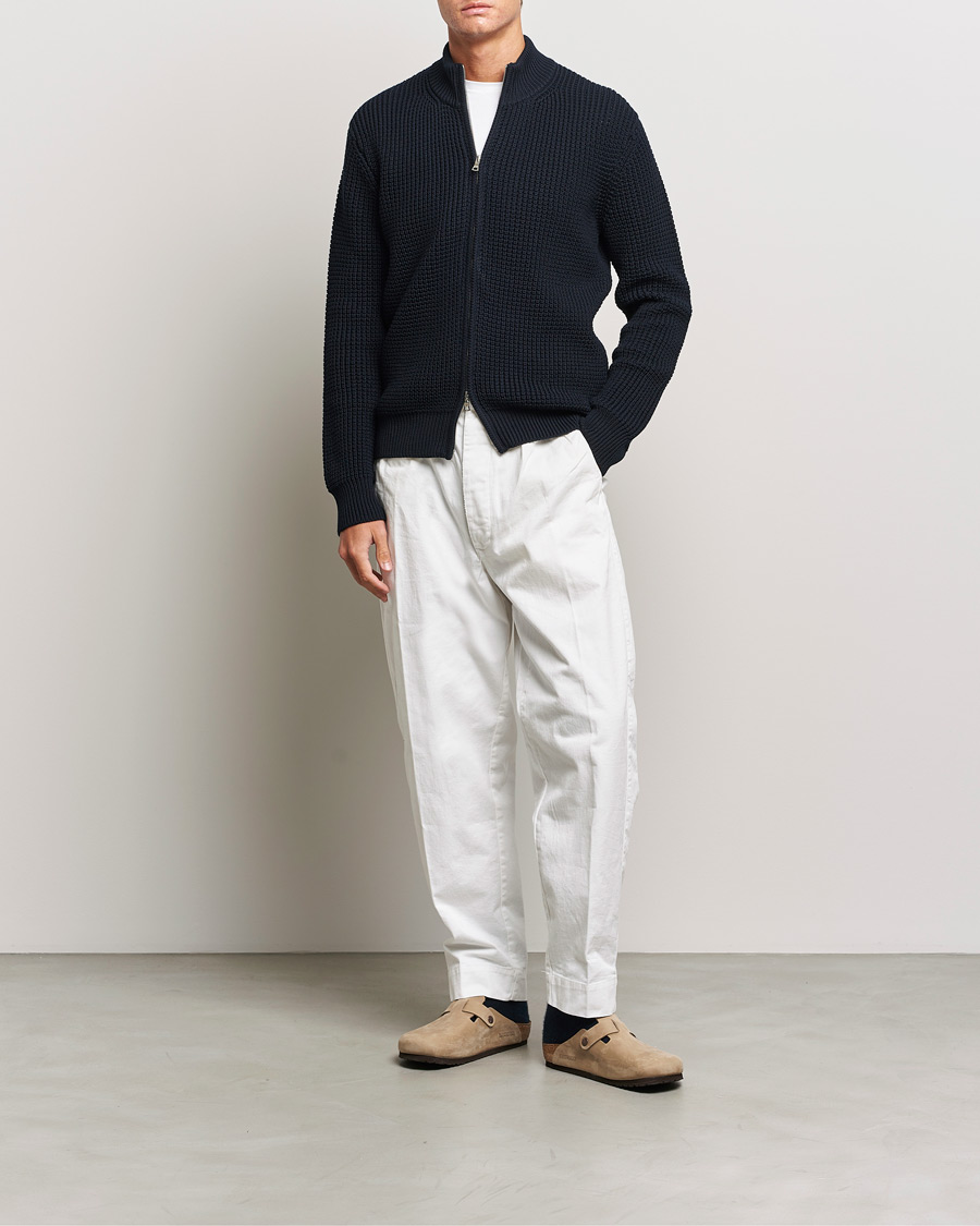 Men | Sweaters & Knitwear | Orlebar Brown | Swan Merino Seed Stich Full Zip Night Iris