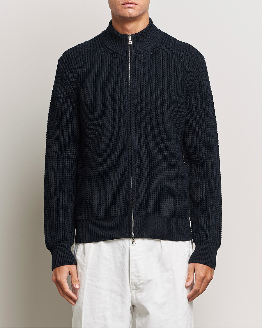 Men | Sweaters & Knitwear | Orlebar Brown | Swan Merino Seed Stich Full Zip Night Iris