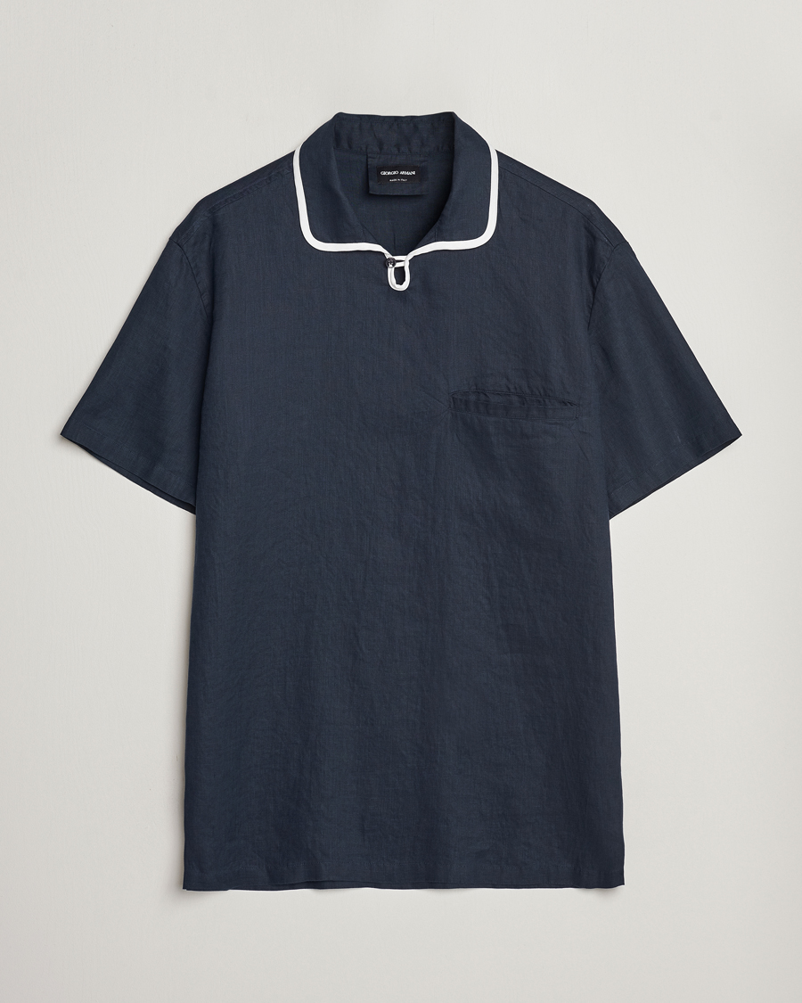 Men | Short Sleeve Shirts | Giorgio Armani | Linen Guru Collar Short Sleeve Shirt Navy