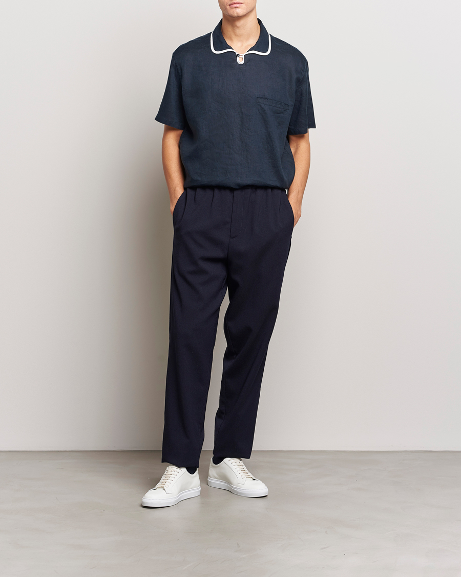 Men | Shirts | Giorgio Armani | Linen Guru Collar Short Sleeve Shirt Navy