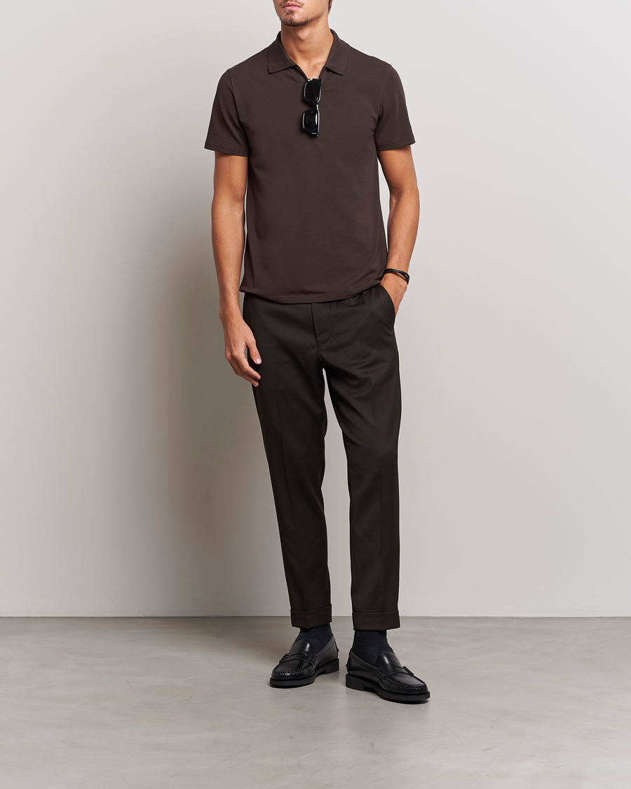 Men | Polo Shirts | Filippa K | Soft Lycra Polo T-Shirt Dark Chocolate