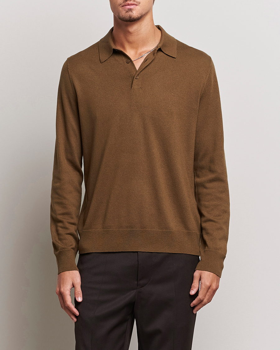 Men | Sweaters & Knitwear | Filippa K | Knitted Polo Shirt Bronze Green