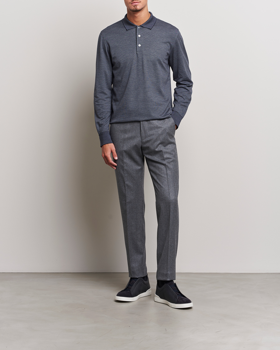 Men | Sweaters & Knitwear | Zegna | Cotton/Silk Long Sleeve Polo Dark Blue