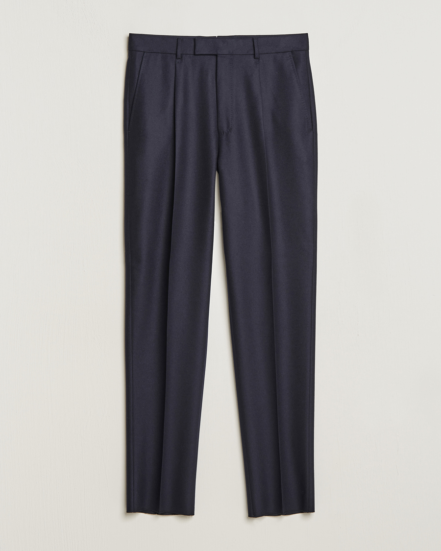 Men | Trousers | Zegna | Pleated Flannel Trousers Navy