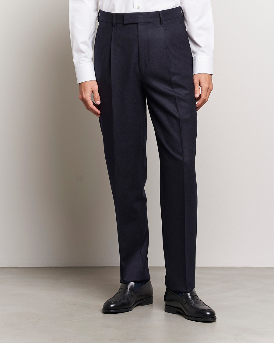 Men | Zegna | Zegna | Pleated Flannel Trousers Navy