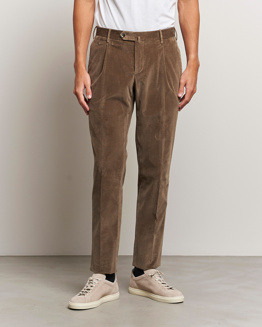 Men | Trousers | PT01 | Slim Fit Pleated Corduroy Trousers Taupe