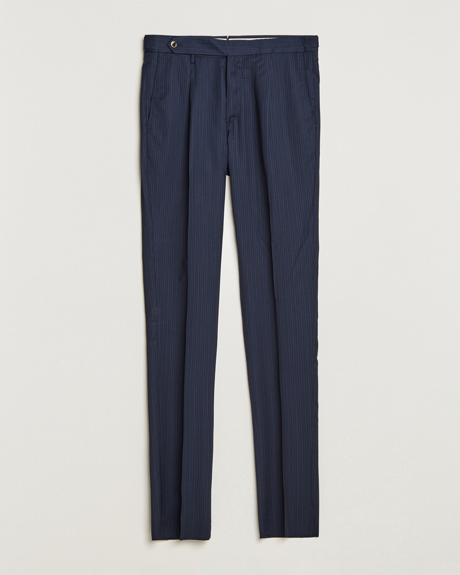 Men | Trousers | PT01 | Slim Fit Pleated Wool Trousers Navy Pin