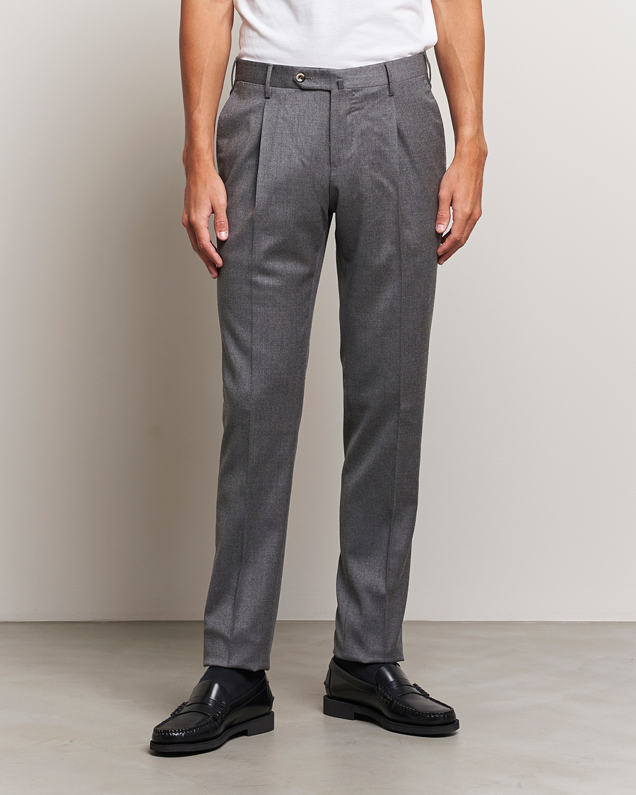 Men | Sale | PT01 | Slim Fit Pleated Flannel Trousers Grey Melange