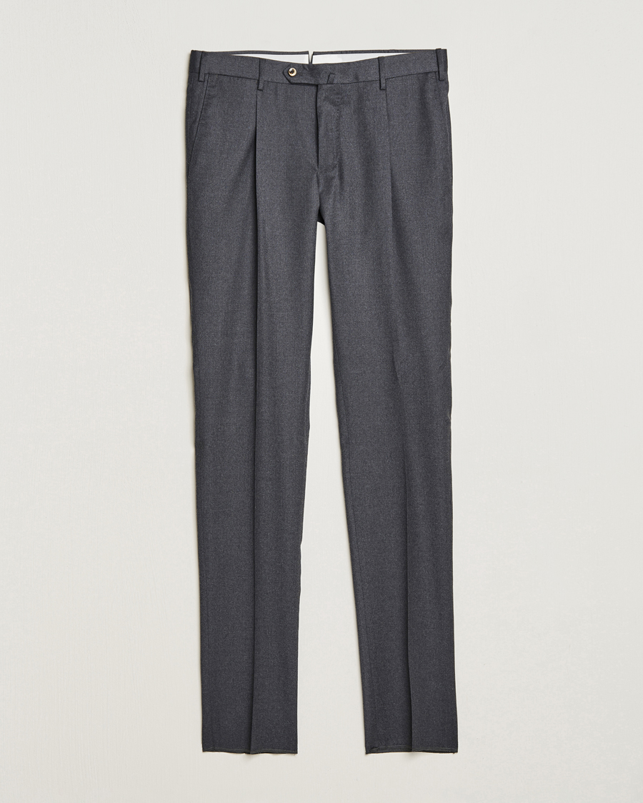 Men | Trousers | PT01 | Slim Fit Pleated Flannel Trousers Dark Grey