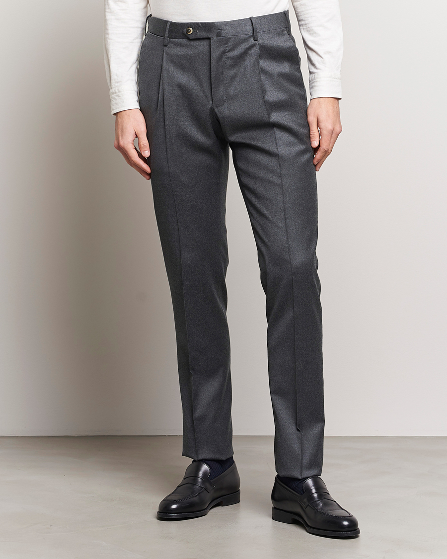 Men | Trousers | PT01 | Slim Fit Pleated Flannel Trousers Dark Grey