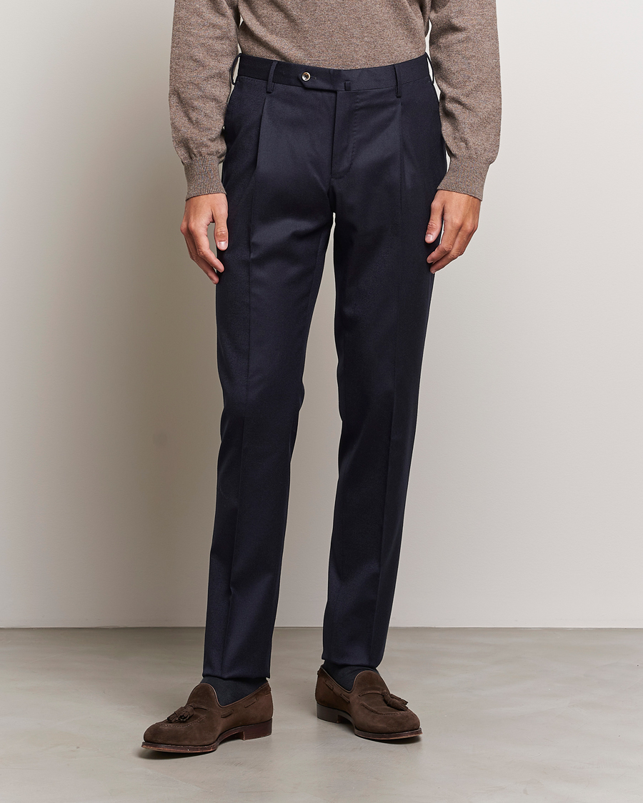 Men | Trousers | PT01 | Slim Fit Pleated Flannel Trousers Navy