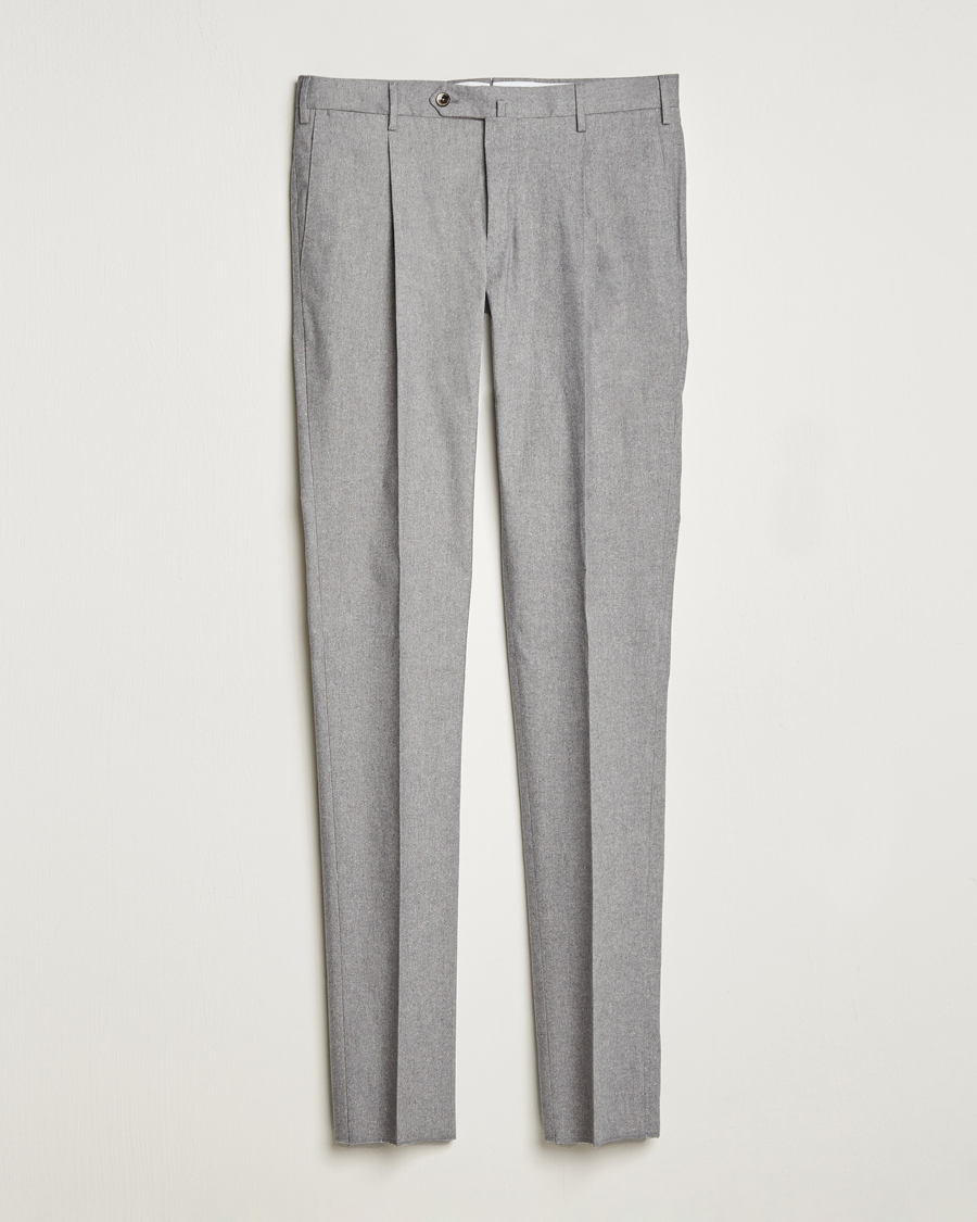 Men | Trousers | PT01 | Slim Fit Pleated Cotton Flannel Trousers Light Grey