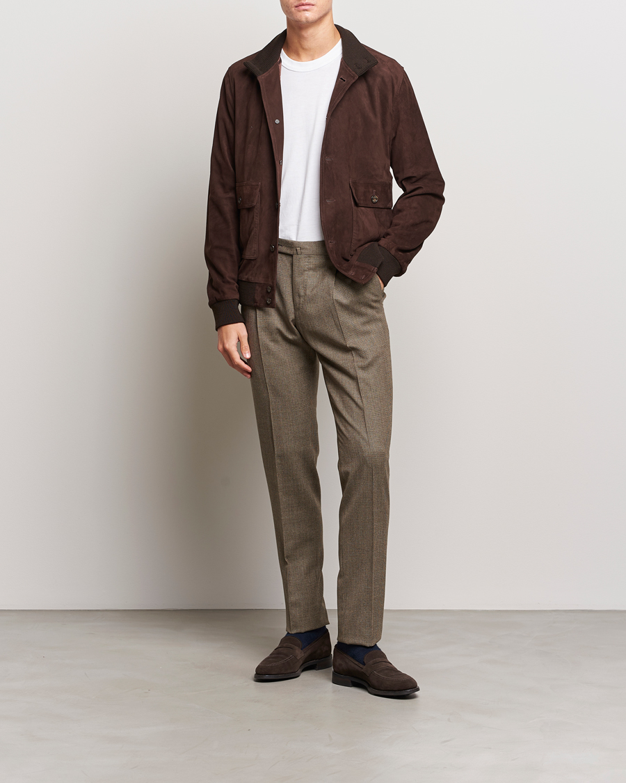 Men | Trousers | PT01 | Slim Fit Pleated Houndstooth Trousers Light Brown