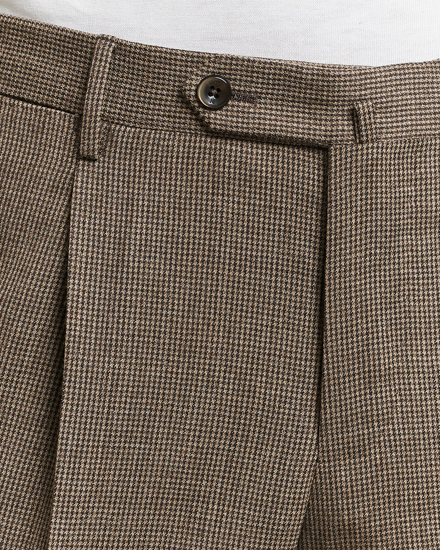 Men | Trousers | PT01 | Slim Fit Pleated Houndstooth Trousers Light Brown