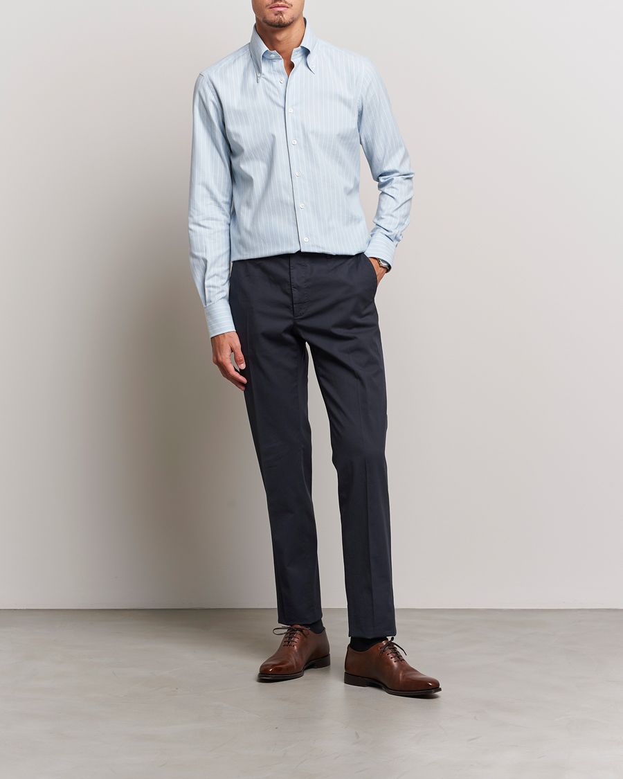 Men | Shirts | 100Hands | Striped Cotton Flannel Shirt Light Blue