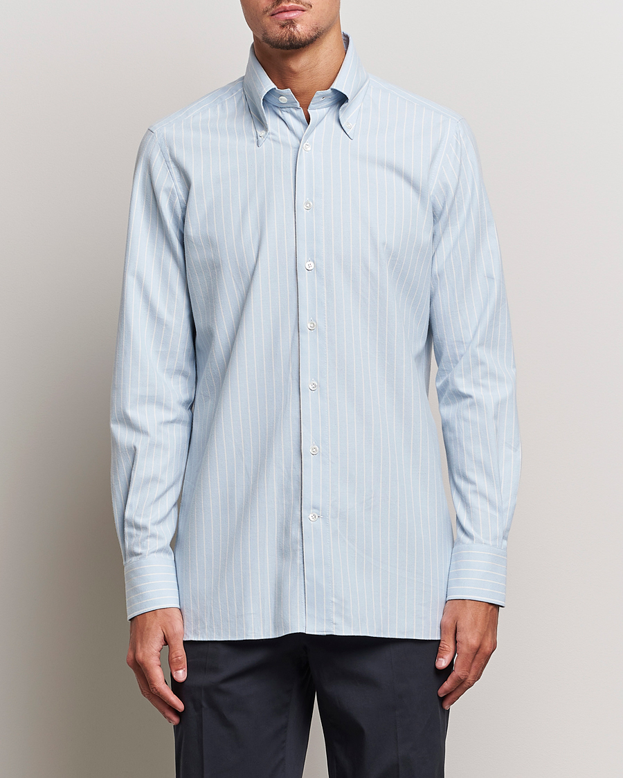 Men |  | 100Hands | Striped Cotton Flannel Shirt Light Blue