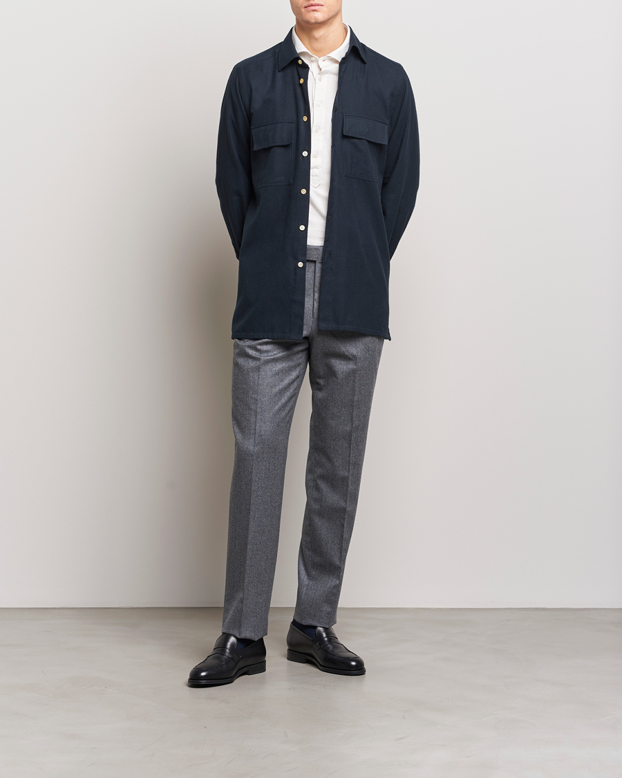 Men | Shirts | Kiton | Herringbone Flannel Overshirt Midnight
