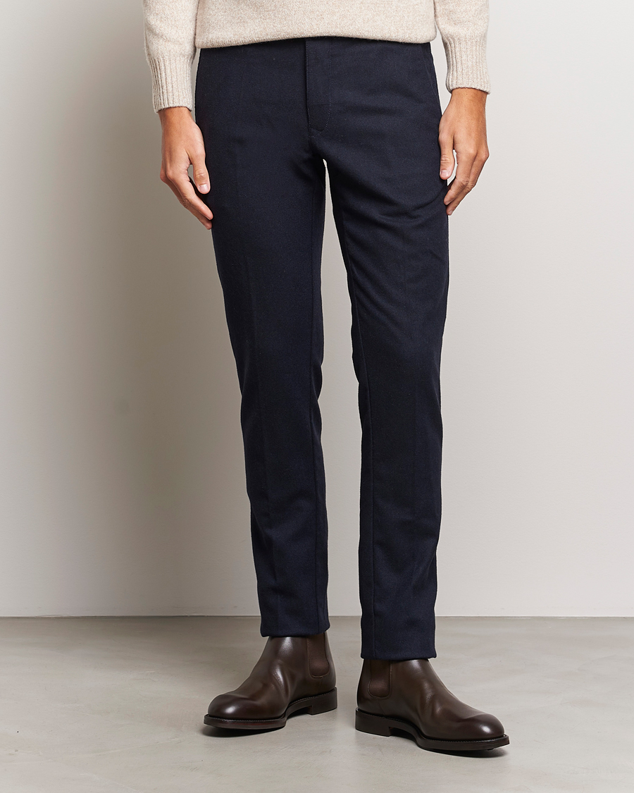 Men | Trousers | Incotex | Slim Fit Washed Flannel Stretch Slacks Navy