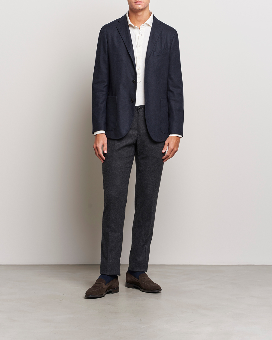 Men | Trousers | Incotex | Slim Fit Washed Flannel Stretch Slacks Dark Grey